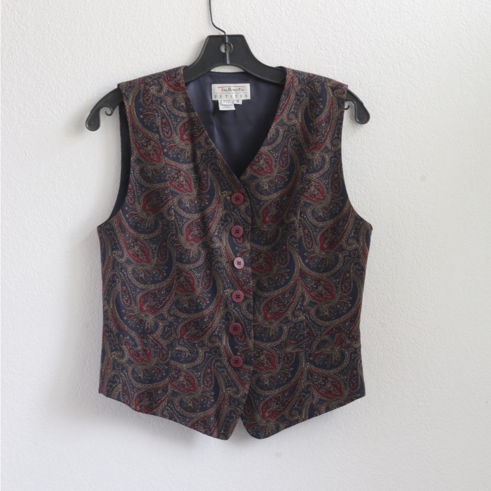 Talbots Petite Button-Front Vest in Navy and Burgundy Paisley